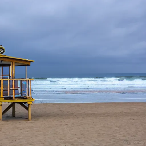 Prompt: a wave crashing into a lifeguard tower at the beach.