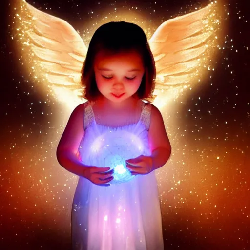 Image similar to There is an angel in the light ball, dreamy, bright, realistic