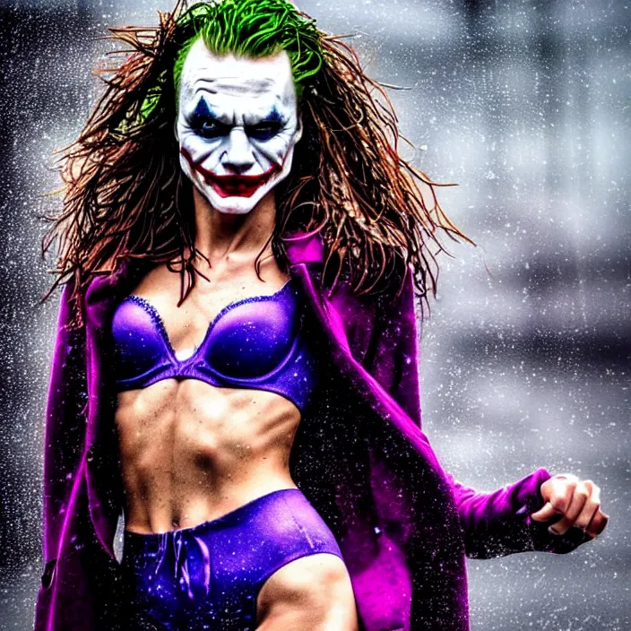 Prompt: fully body pose, photo of a very beautiful!! victoria secret model, the joker, wet hair, raining, 8 k, hdr, smooth, sharp focus, high resolution, award - winning photo, trending on artstation, dslr, 5 0 mm