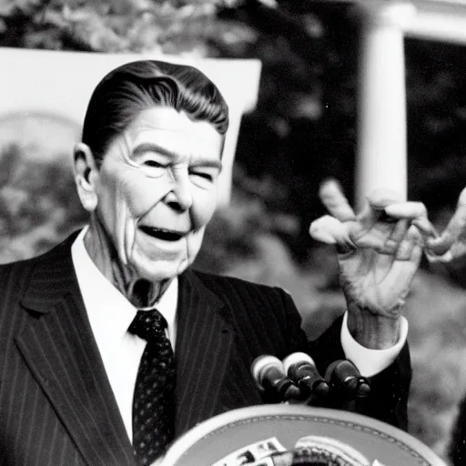 Image similar to claymation press conference ronald reagan unveiling first dinosaur born in united states outside the white house