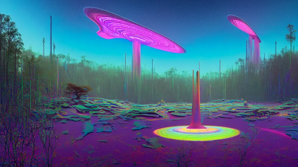 Prompt: highly detailed holographic iridescent sci fi world with forests deserts and oceans, by gilbert williams, by simon stalenhag, by beeple, by bruce pennington, by moebius, featured in juxtapoz, mixed media, dynamic composition, octane render, with many different pastel shades of blue pink orange yellow green, beautiful lighting, desaturated