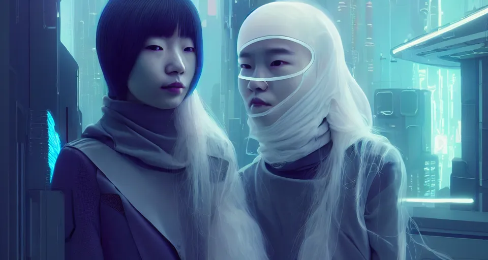 Prompt: portrait of yael shelbia and kang seul - gi, venus squid astronaut, burka, white hair, intricate design details. cyberpunk, rioter, by ruan jia and beeple. smooth gradients, deep space.