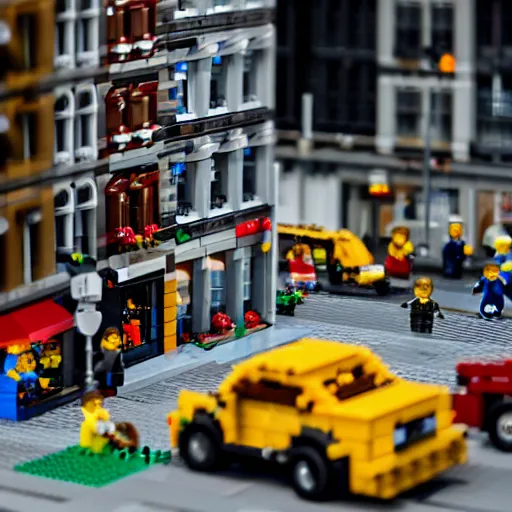 Image similar to mini lego in the city, photorealistic, highly detailed, sharp focus, vivid, symmetrical, random, convoluted, mind - blowing, creative, fully functional, physics defying, amazing, cool, atmospheric