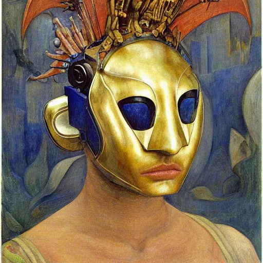 Prompt: the bird queen with her robot mask, by annie swynnerton and diego rivera and elihu vedder, symbolist, dramatic lighting, elaborate geometric ornament, head and shoulders view, art brut, soft cool colors, smooth, sharp focus, extremely detailed, adolf wolfli, donato giancola