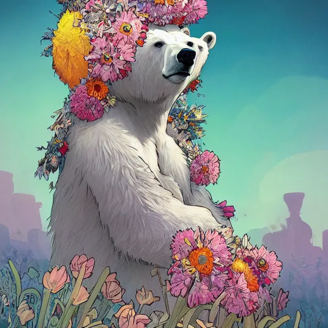 Prompt: a beautiful painting of a polar bear covered with flowers by simon stalenhag and pascal blanche and alphonse mucha!! and nekro and josan gonzalez. in style of digital art. colorful comic, film noirs, symmetry, brush stroke, vibrating colors, hyper detailed. octane render. trending on artstation