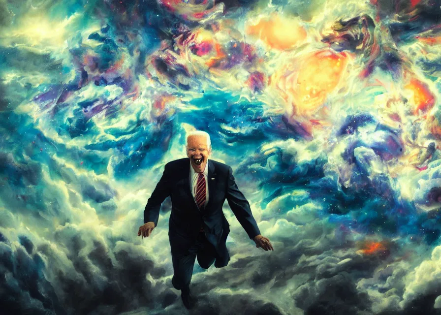 Image similar to large abstract painting of giant grinning evil dynamic Joe Biden hidden amidst cosmic clouds at giant immense crowd of person army, trending on ArtStation, masterpiece, by Ciurlionis, octane, lightbeam eyes, oil on canvas, moody lighting, lights beaming out of eyes, cinematic, professional environment concept art