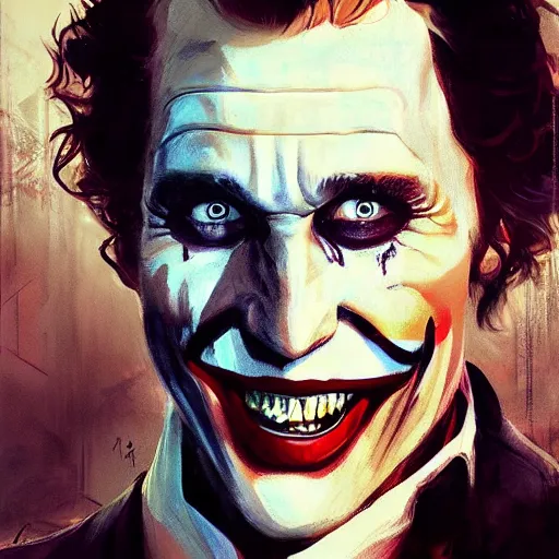 Image similar to matthew mcconaughey as joker, dynamic pose, painted by wenjun lin, greg rutkowski