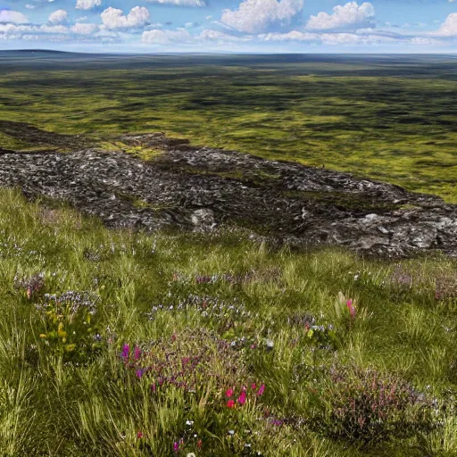 Image similar to a hilly area replete with smooth dark rocks. It's also replete with trees and wildflowers. You can see a bog in the distance. The temperature is cool and the sky is mostly clear. 4k, photorealistic, highly detailed,