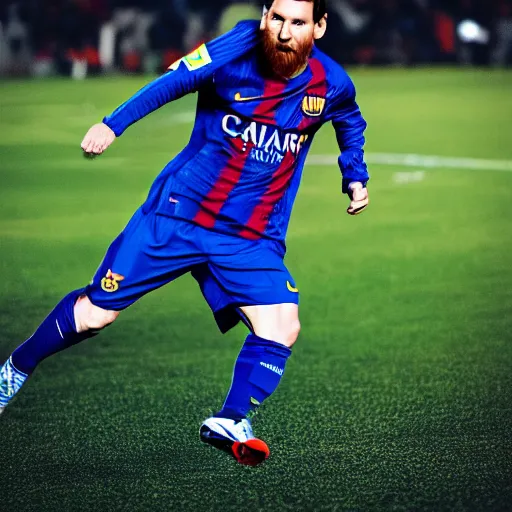 Image similar to lionel messi running extremely fast wrapped in blue lightning, 8 k