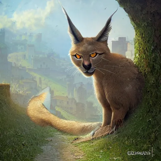 Image similar to cute fluffy caracal in ancient greek town, a beautiful landscape by gediminas pranckevicius