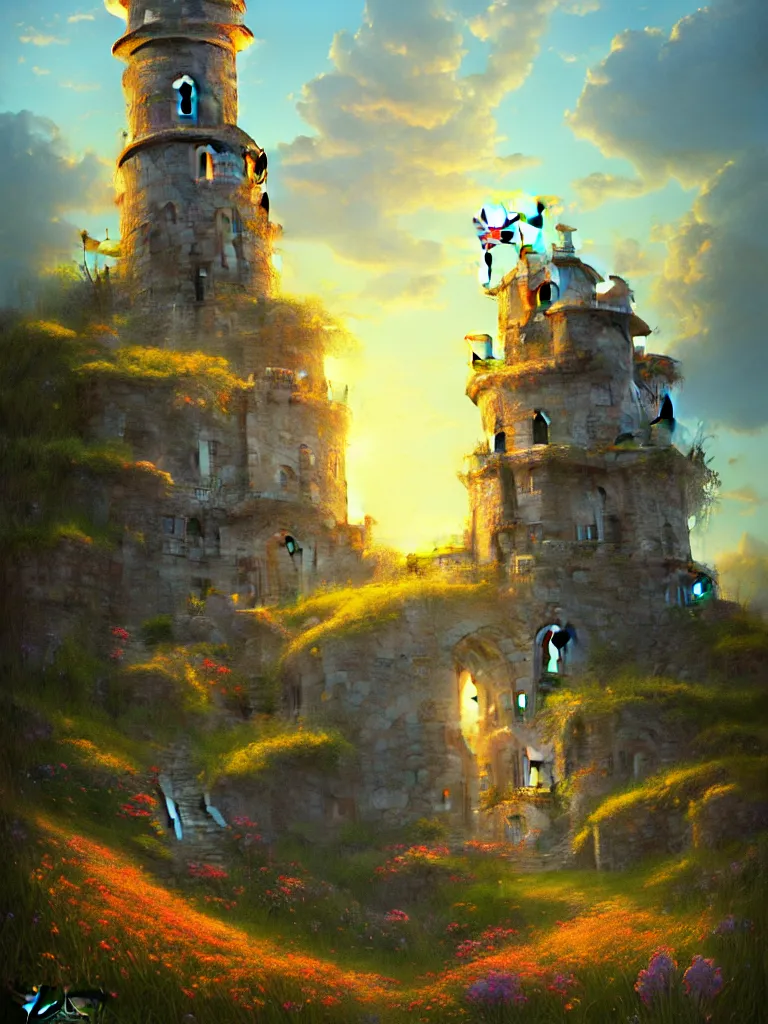 Prompt: a wizard tower in a meadow filled with ruins by Justin Gerard, blue fireball, sunny, flowers