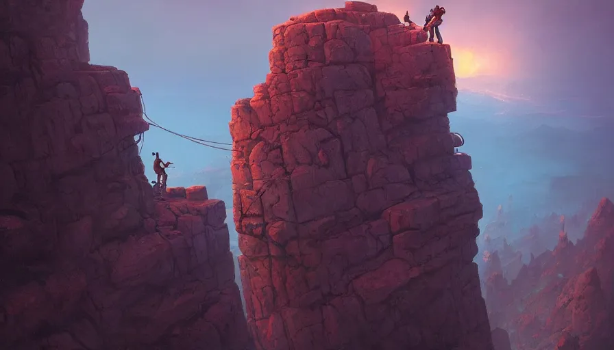 Prompt: rock climbers climbing a rock, an epic fantasy, establishing shot, dramatic lighting, cinematic, extremely high detail, photorealistic, cinematic lighting, matte painting, artstation, by simon stalenhag, horizon forbidden west