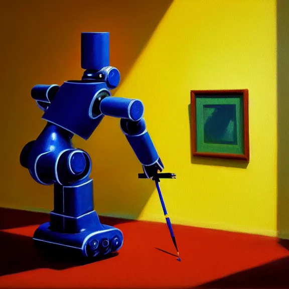 Image similar to beautiful illustration of a robot painting an artwork on a canvas with a paintbrush by Edward Hopper, colorful octane render