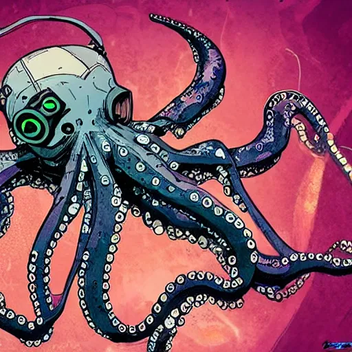 Image similar to a cyberpunk octopus, in the style of Ashley Wood and Moebius