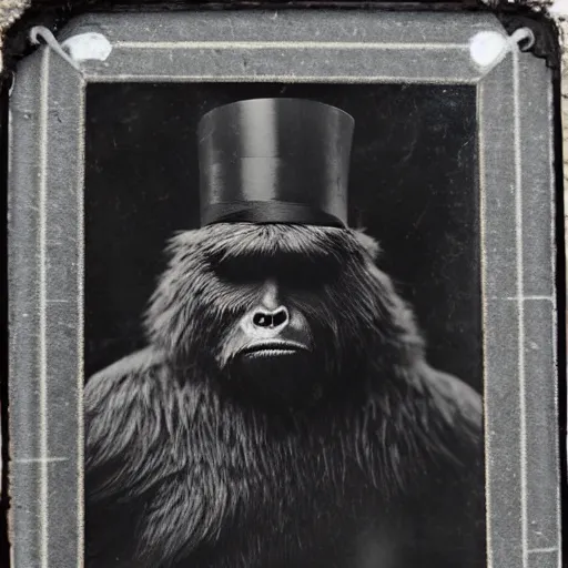 Image similar to a vintage wet plate portrait of a dignified bigfoot with a top hat and cane, extremely detailed, by angus mcbeanbigfoot!!!!!!!!!!!!!!!!!!