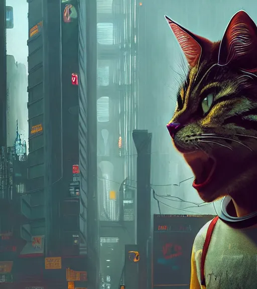 Prompt: new york city portrait of furry anthro anthropomorphic common house cat head animal person fursona wearing clothes strange cybernetic muzzle gloomy rainy screenshot from the video game cyberpunk 2077 digital art by Greg Rutkowski, Simon Stalenhag, christopher nolan trending on Artstation, CGSociety