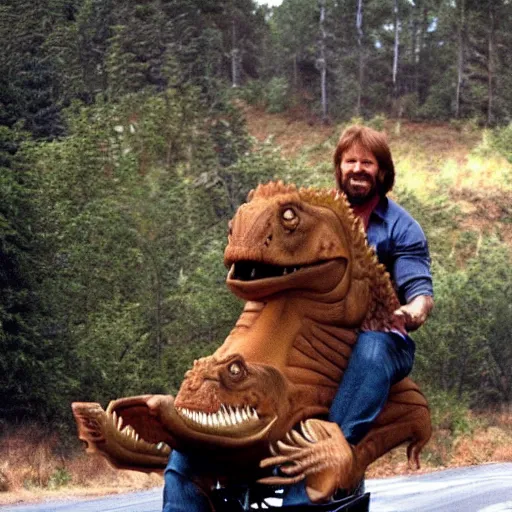 Prompt: chuck norris riding a trex