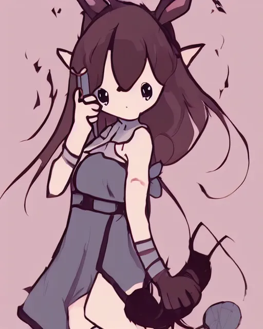 Prompt: A cute wakfu-style painting of a very very beautiful anime skinny squirrel-girl with curly brown colored hair and squirrel ears on top of her head wearing a cute black dress with small ribbon and black shoes looking at the viewer, elegant, delicate, soft lines, higly detailed, smooth , pixiv art, ArtStation, artgem, art by alphonse mucha Gil Elvgren and Greg rutkowski, high quality, digital illustration, concept art, very long shot