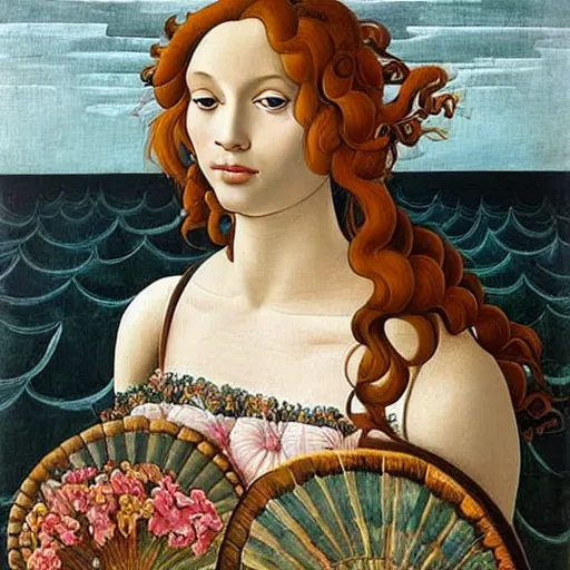 Image similar to an hyperrealistic mythological oil painting of a beautiful woman with long curly brown hair, full body, wearing floral chiton, lying in a giant scallop shell near the seashore, intricate, elegant, renaissance style, by sandro botticelli