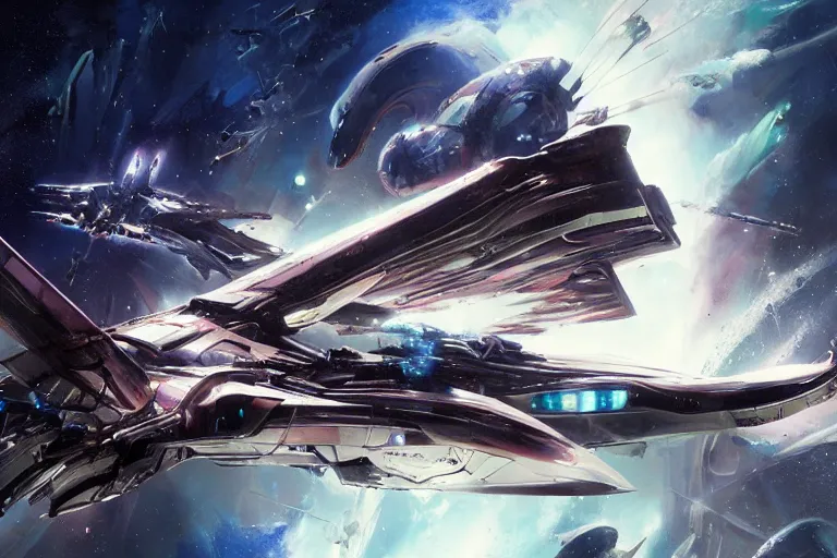 Image similar to nebula by raymond swanland, framing a pteranodon battlecruiser, with white kanji insignias, sleek, white john berkey panels, spines and towers, rows of windows lit internally, sensor array, blazing engines, robotech styling, boeing concept art, cinematic lighting by liam wong