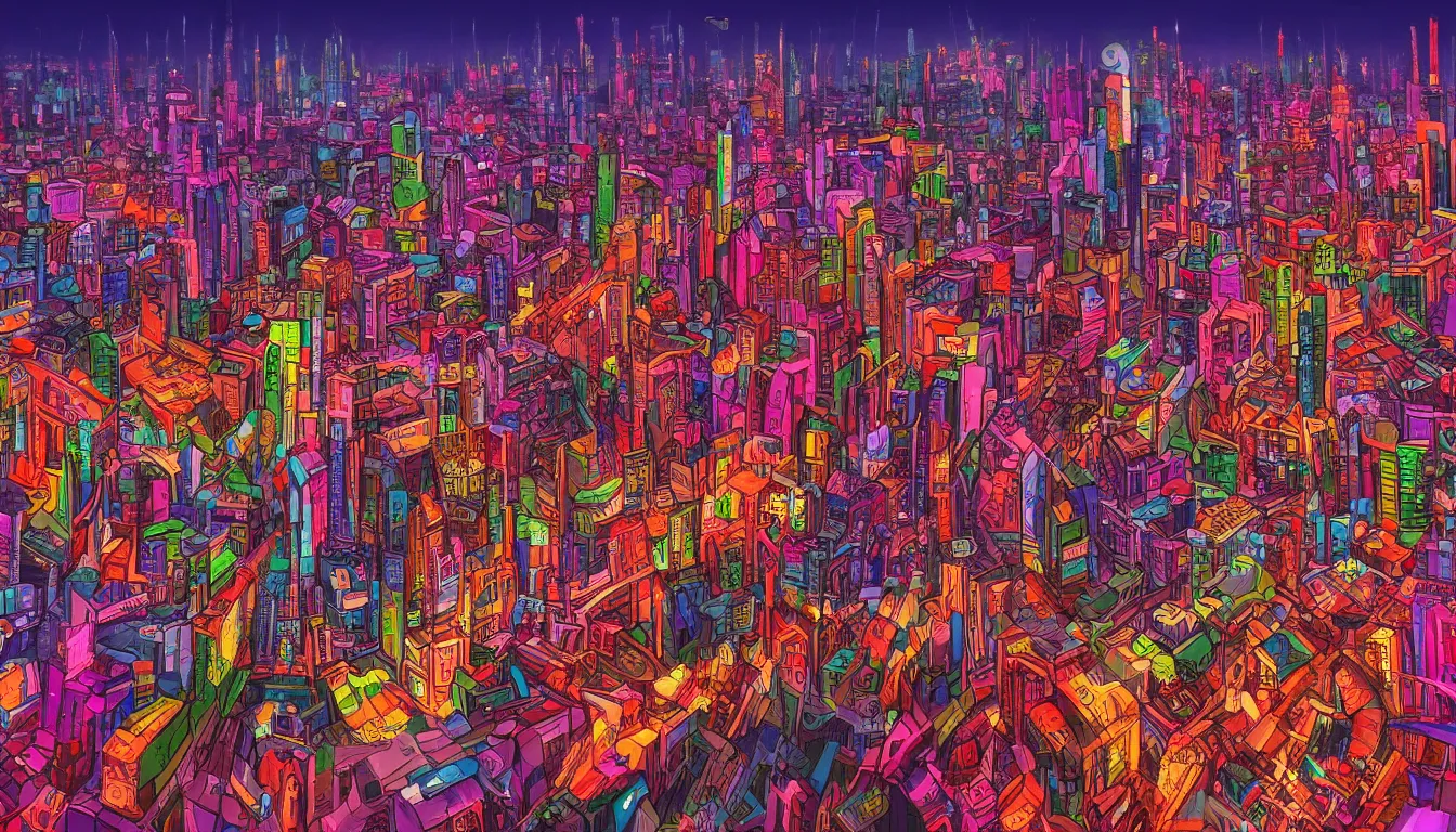 Image similar to surreal colorful nightmarish cityscape, 4k artwork by Ralph Bakshi