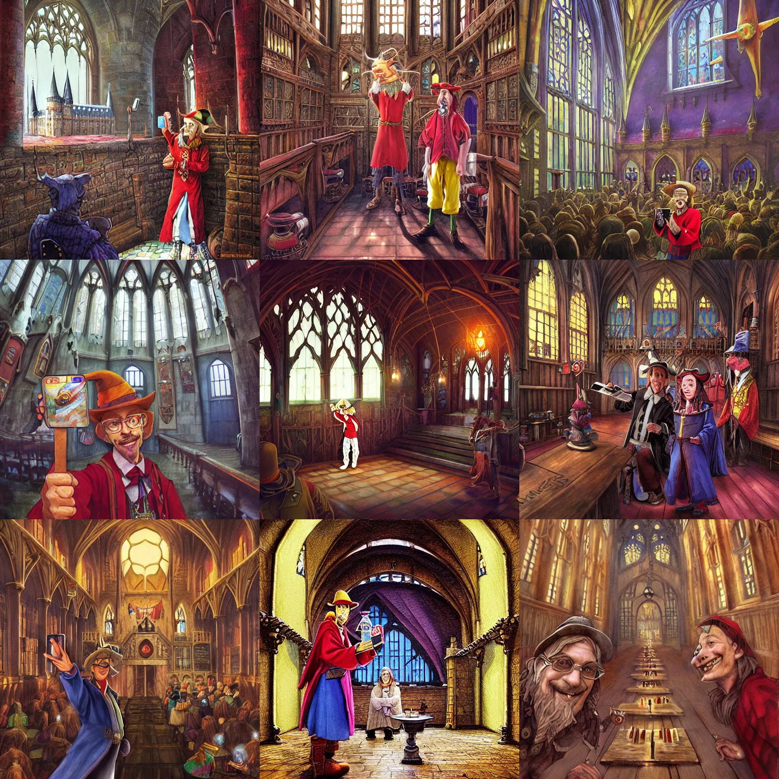 Prompt: Rincewind takes a selfie in the Great Hall in Hogwarts School of Witchcraft and Wizardry, detailed, hyperrealistic, colorful, cinematic lighting, photorealistic, digital art by Paul Kidby, Kate Oleska and Jim Kay