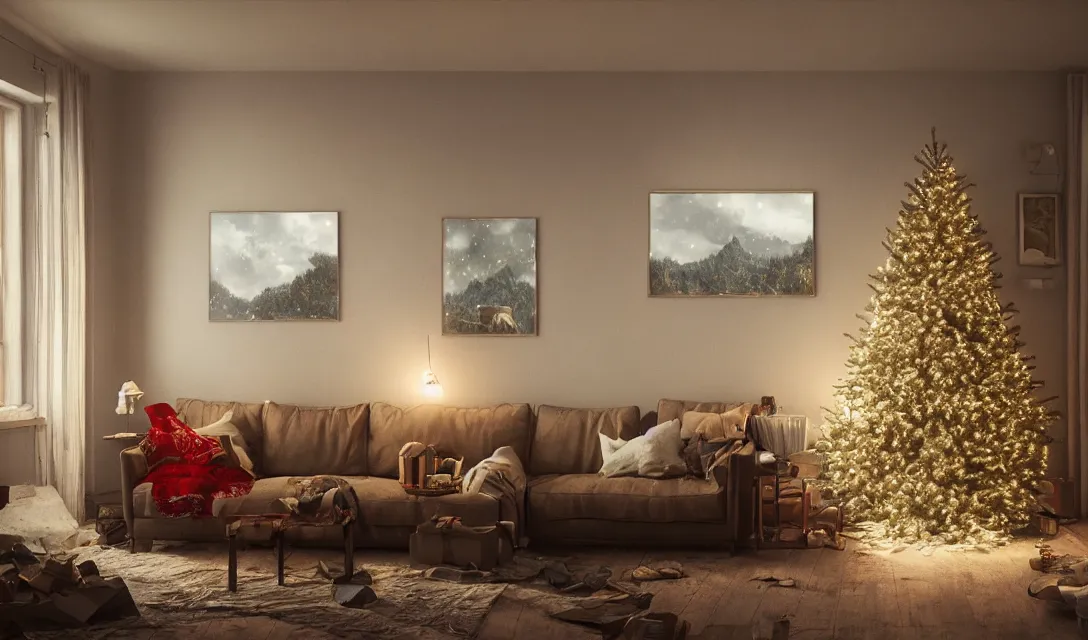 Prompt: a christmas eve in a beautiful home, photorealistic landscape painting on the wall, ascher clemens, home, interior, octane render, deviantart, greg rutkowski, cinematic, key art, hyperrealism, canon eos c 3 0 0, ƒ 1. 8, 3 5 mm, 8 k, medium - format print