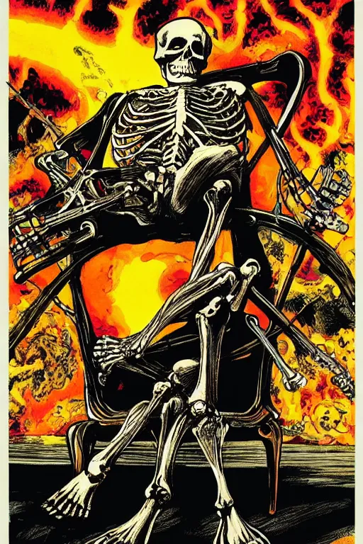 Image similar to Poster art of a Skeleton sitting in a chair sunbathing, with a nuke exploding in the background by Neal Adams