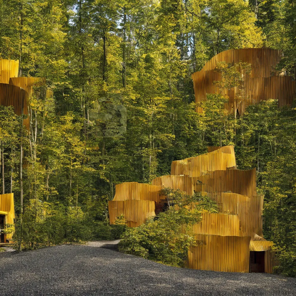 Image similar to a house in a taiga forest clearing from afar, designed by Frank Gehry. Tiles. Gravel pathway with parking. Film grain, cinematic, yellow hue