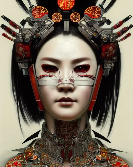 Image similar to portrait of a cyberpunk machine, machine face, upper half portrait, decorated with chinese opera motifs, asian, fine china, traditional chinese art, intricate, elegant, highly detailed, symmetry, headpiece, digital painting, artstation, concept art, smooth, sharp focus, illustration, art by artgerm and greg rutkowski and alphonse mucha, 8 k