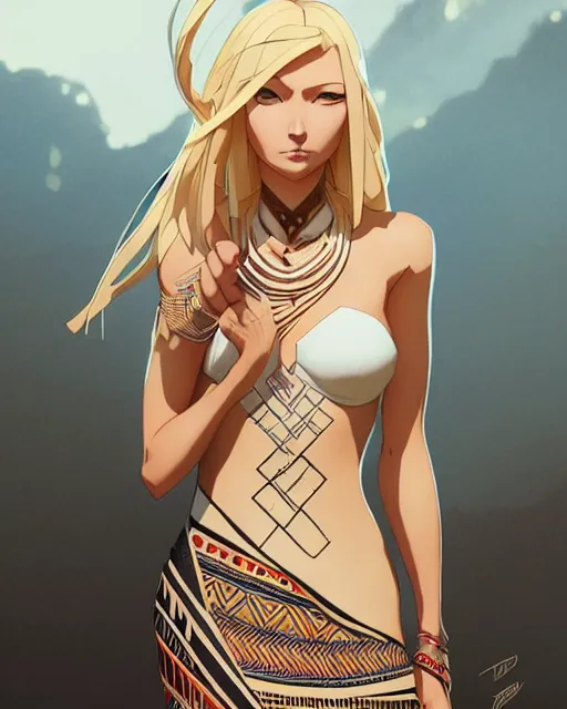 Image similar to blond woman in a tribal ripped dress, by artgerm, by studio muti, greg rutkowski makoto shinkai takashi takeuchi studio ghibli