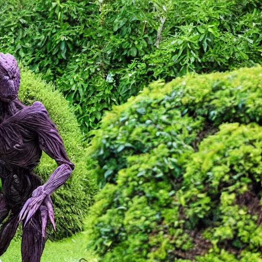 Prompt: a humanoid monster emerging from the shrubs