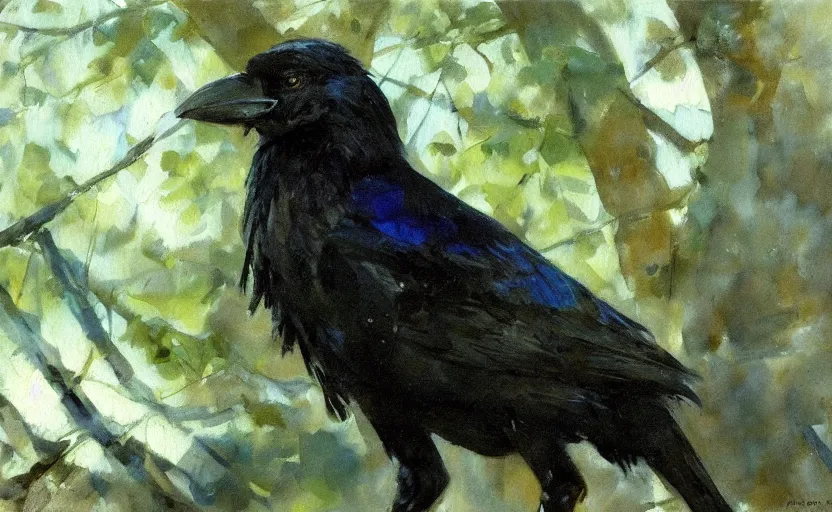 Image similar to oil painting by anders zorn, closeup crow in forest, very very very very beautiful art, dramatic light, strong shadows, shiny blue black feathers