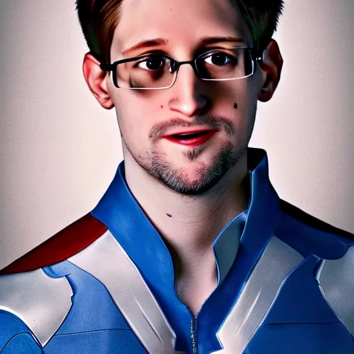 Image similar to UHD candid photo of Edward Snowden dressed as a superhero, wearing red white and blue, accurate face, UHD, photorealistic, correct face, photo by Annie Leibowitz