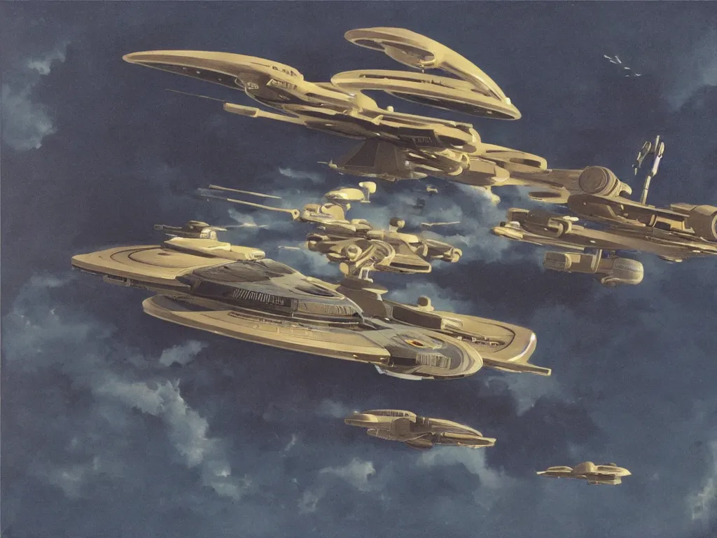 Image similar to The U.S.S. Enterprise from Star Trek, painted in the style of Syd Mead