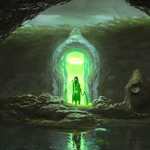 Image similar to a scary portal glowing green portal to another world in darwin's arch in the galapagos islands, elden ring landscape, d & d, fantasy, intricate, elegant, highly detailed, digital painting, artstation, concept art, matte, sharp focus, illustration, art by hayao miyazaki