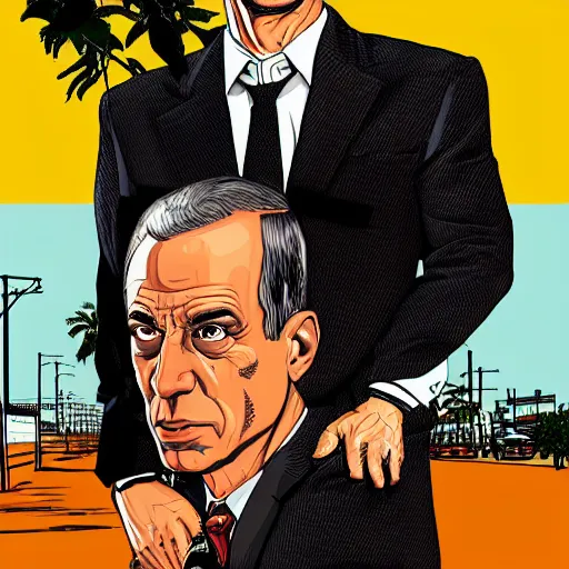 Image similar to portrait of Beny Gantz as a GTA v character. GTA v loading screen illustration by martin ansin, matt bors