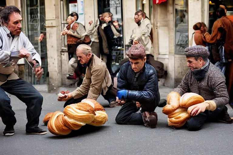 Image similar to closeup potrait of bakers fighting croissants in a paris street, natural light, sharp, detailed face, magazine, press, photo, Steve McCurry, David Lazar, Canon, Nikon, focus