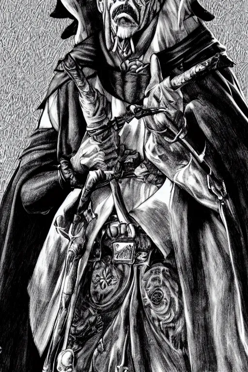 Image similar to Danny Trejo as church nun, dark fantasy, highly detailed, artstation, manga illustration by Kentaro Miura berserk