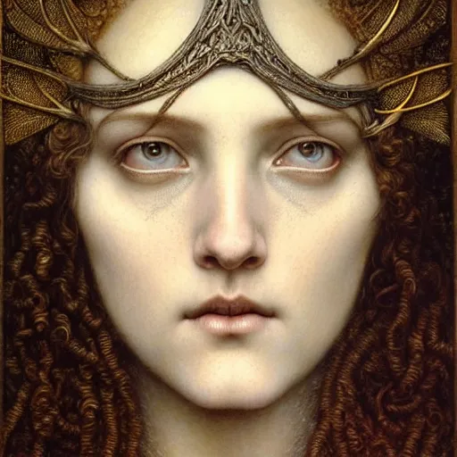 Image similar to detailed realistic beautiful young medieval queen face portrait by jean delville, tom bagshaw, brooke shaden, gustave dore and marco mazzoni, art nouveau, symbolist, visionary, gothic, pre - raphaelite, ornate gilded medieval icon, surreality, ethereal, unearthly, haunting, celestial, neo - gothic