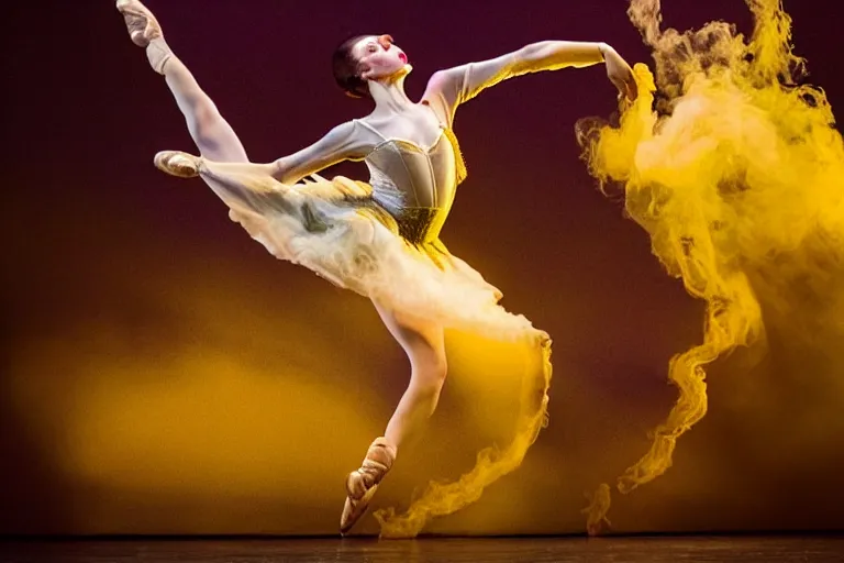 Image similar to playbill of prima ballerina, stage lighting, low angle, oriental scene, hyper realistic, smooth, focus, radiant, dramatic lighting, swirling smoke, low fog, golden hour, intricate, highly detailed, perfect face