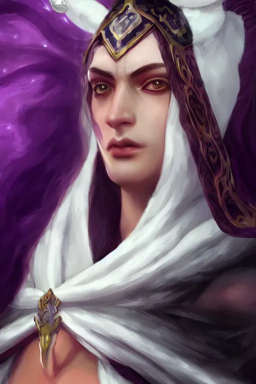 Image similar to white horns djinn man , black hair , portrait, concept art, purple and white thich cloak, illustration, costume design, editorial photo, fashion, hyperrealism, realism, trending on artstation, Charlie Bowater, WLOP