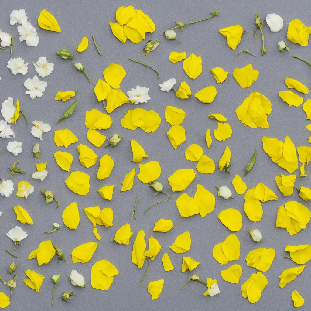 Prompt: various kinds of separate yellow flower petals, botanical illustration, white background, 8 k