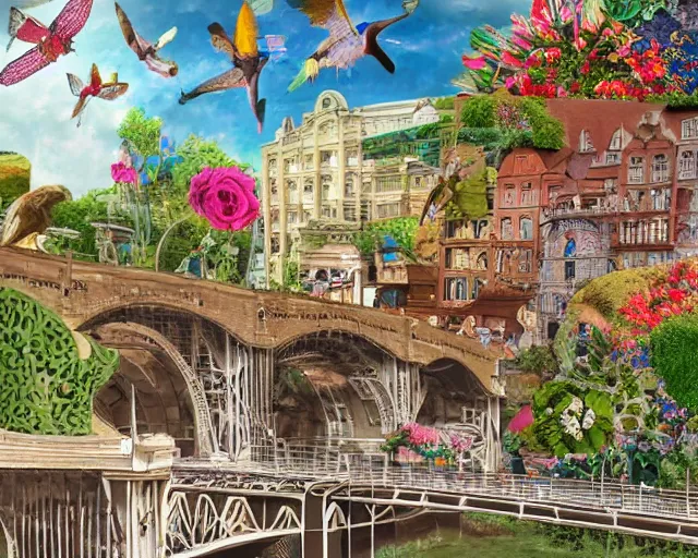 Image similar to detailed bridge with unexpected maximalist elements. 8x HD mixed media 3D collage in the style of an hyperdetailed childbook illustration in soft natural tones. matte background no frame HD