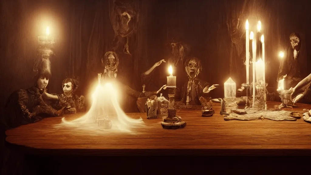 Prompt: a Victorian seance around a wooden table with crystal ball and ectoplasm and spirit manifestations, realistic photo, sharp focus, high detail, horror, spooky, gothic, Unreal Engine 5, trending on artstation