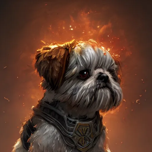 Prompt: shih tzu Dog, battle armour, Anthropomorphized, casting epic spell, magic the gathering artwork, D&D, fantasy, cinematic lighting, centered, symmetrical, highly detailed, digital painting, artstation, concept art, smooth, sharp focus, illustration, volumetric lighting, epic Composition, 8k, art by Akihiko Yoshida and Greg Rutkowski and Craig Mullins, heroic pose, oil painting, cgsociety, magic lab background