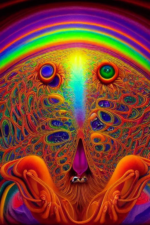 Image similar to hyperrealistic abstract close-up Renaissance psychedelic!! celestial happy! pure creature!! peaceful! kind spirit of nature! beautiful fractal!! eyes! highly detailed concept art eric zener elson peter cinematic hard rainbow lighting high angle hd 8k sharp shallow depth of field endless, inspired by Zdzisław Beksiński Salvador Dali