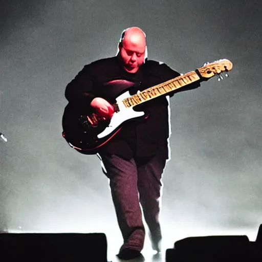 Image similar to Black Francis playing a giant piece of bacon like a guitar, illustration