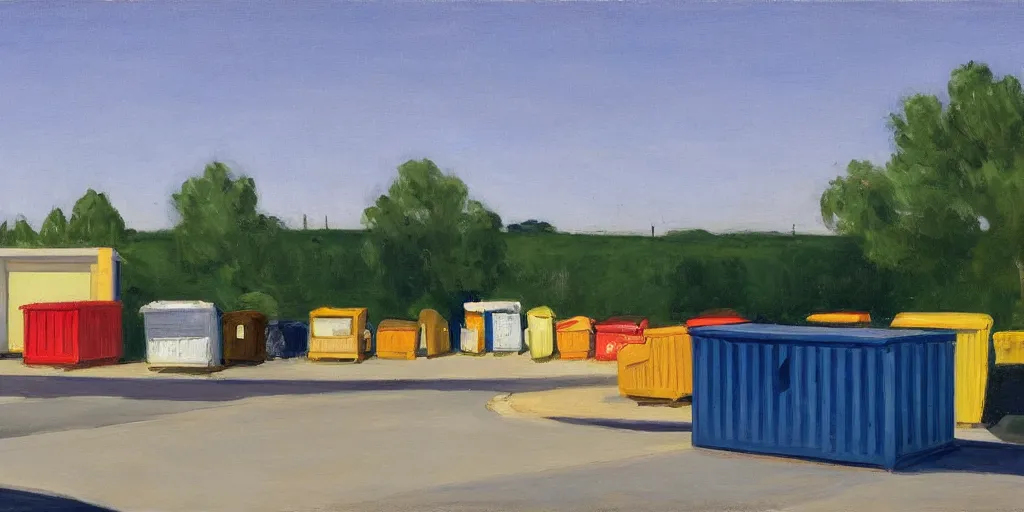 Image similar to Dumpsters by the parking lot behind a Walmart in a North American suburban strip mall by Edward Hopper