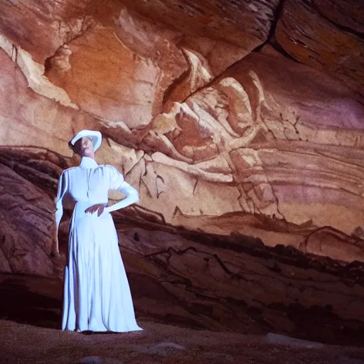 Image similar to photo, a woman in a giant flowing white dress standing in front of the projection of a vintage cowboy movie, standing inside a dark western rocky scenic landscape, volumetric lighting